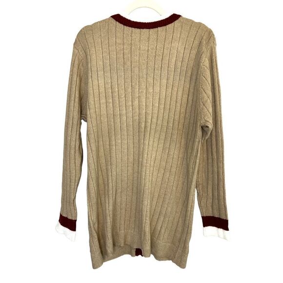 Dress Forum Women’s Taupe Burgundy Contrast Trim V-Neck Cardigan Size Large - Picture 4 of 9